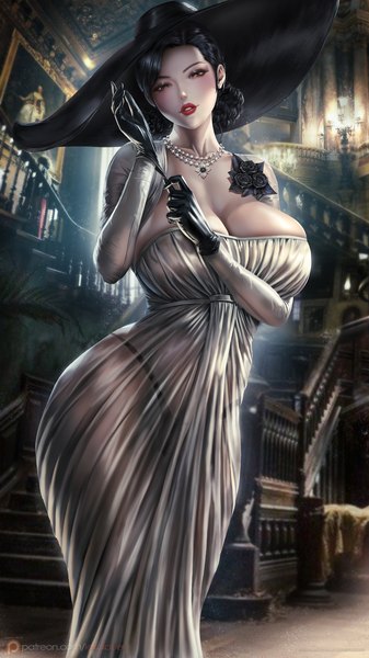 Anime picture 2160x3840 with resident evil resident evil village alcina dimitrescu lexaiduer single tall image looking at viewer blush fringe highres short hair breasts light erotic black hair standing brown eyes signed cleavage indoors parted lips