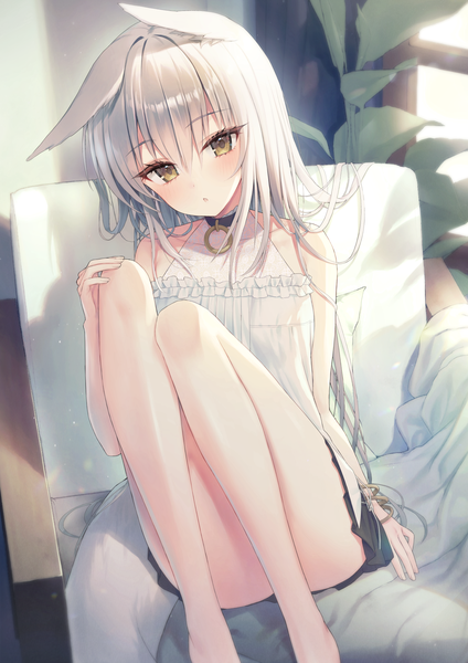 Anime picture 1414x2000 with original kuro futoshi single long hair tall image looking at viewer fringe light erotic hair between eyes sitting animal ears yellow eyes silver hair indoors tail animal tail bare legs convenient leg girl