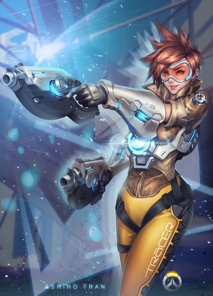 Anime picture 5676x7872 with overwatch blizzard entertainment tracer (overwatch) ashirok-on (artist) single tall image highres short hair smile red eyes brown hair absurdres lips glowing girl gloves weapon jacket gun goggles