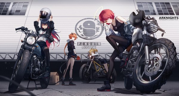 Anime picture 6500x3517 with arknights texas (arknights) exusiai (arknights) sora (arknights) croissant (arknights) racer long hair looking at viewer fringe highres short hair blue eyes blonde hair smile red eyes wide image standing sitting multiple girls holding