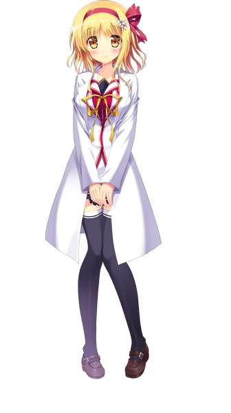 Anime picture 1009x1799 with koiken otome someya yuzu tateha (marvelous grace) single tall image looking at viewer blush short hair blonde hair yellow eyes transparent background girl thighhighs uniform black thighhighs school uniform hairband labcoat