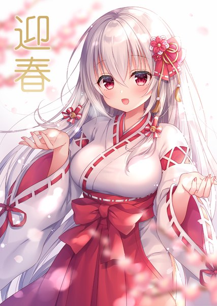 Anime picture 600x842 with original mitsuba choco single long hair tall image looking at viewer blush fringe breasts open mouth hair between eyes red eyes standing payot silver hair long sleeves nail polish traditional clothes :d japanese clothes
