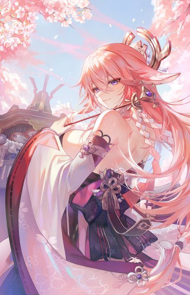 Anime picture 2634x4096 with genshin impact yae miko gz (gyoju) single long hair tall image looking at viewer fringe highres breasts light erotic smile hair between eyes large breasts standing purple eyes holding animal ears pink hair sky