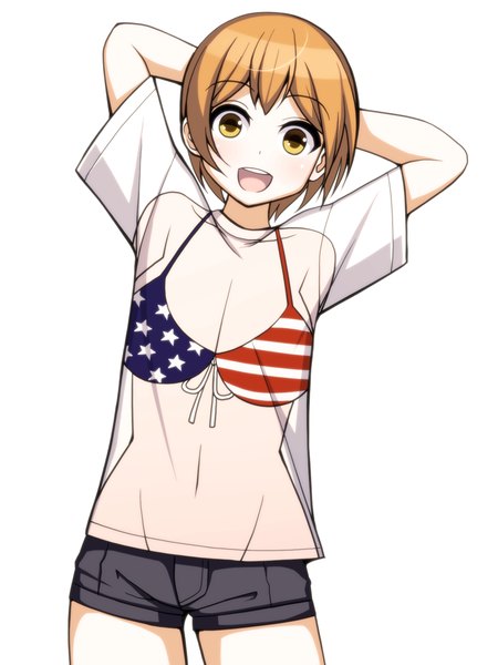 Anime picture 750x1000 with love live! school idol project sunrise (studio) love live! hoshizora rin torigoe takumi single tall image looking at viewer short hair breasts open mouth smile brown hair brown eyes :d denim flag print girl underwear swimsuit