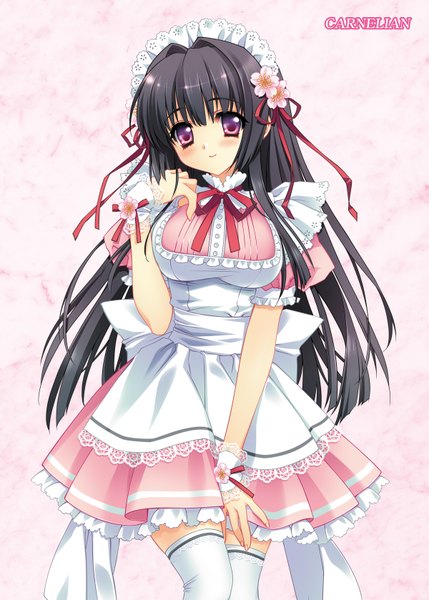Anime picture 1200x1678 with carnelian single long hair tall image blush black hair simple background red eyes white background hair flower maid girl hair ornament