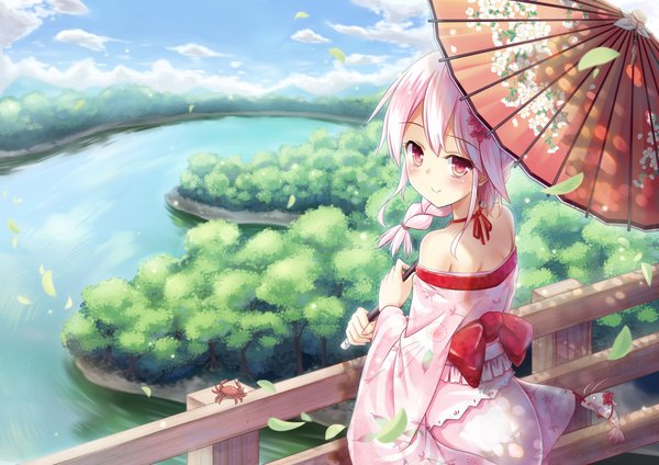 Anime picture 1052x744 with sergestid shrimp in tungkang xuan ying shimokirin single long hair looking at viewer blush smile red eyes bare shoulders holding pink hair sky cloud (clouds) outdoors long sleeves traditional clothes japanese clothes looking back hair flower