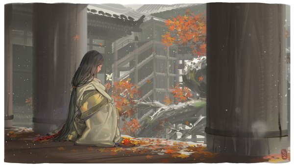 Anime picture 2000x1142 with sekiro: shadows die twice from software divine child of rejuvenation alphonse (white datura) single long hair blush highres black hair wide image sitting holding eyes closed long sleeves profile wide sleeves border low ponytail architecture east asian architecture