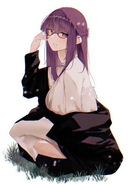 Anime picture 2472x3500 with sousou no frieren fern (sousou no frieren) yumenoakagi single long hair tall image looking at viewer highres simple background white background purple eyes signed purple hair twitter username squat half updo bespectacled bad anatomy girl dress