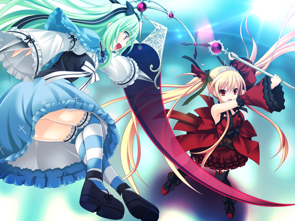 Anime picture 1600x1200 with bloody rondo (game) luna freed queen makita maki long hair open mouth blonde hair red eyes twintails multiple girls game cg green hair loli girl thighhighs dress ribbon (ribbons) weapon 2 girls staff tiara