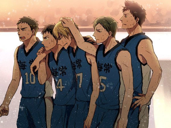 Anime picture 1112x839 with kuroko no basket production i.g kise ryouta kasamatsu yukio hayakawa mitsuhiro hiroshi kobori moriyama yoshitaka sousuke (kigou) short hair open mouth blonde hair brown hair brown eyes multiple boys sweat tears group crying boy uniform