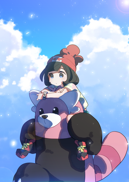 Anime picture 627x885 with pokemon pokemon sm nintendo selene (pokemon) bewear akira (natsumemo) single tall image fringe short hair blue eyes black hair looking away sky cloud (clouds) crossed arms riding gen 7 pokemon girl bracelet