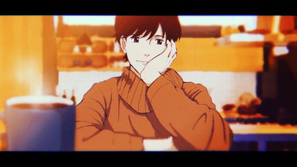 Anime picture 1334x750 with banana fish mappa okumura eiji arashi (boom sate225) single looking at viewer fringe short hair black hair smile hair between eyes wide image upper body indoors black eyes letterboxed steam chin rest hand on cheek boy