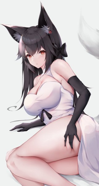 Anime picture 2940x5484 with original kisaki oni single long hair tall image looking at viewer blush fringe highres breasts light erotic black hair simple background hair between eyes red eyes large breasts white background bare shoulders animal ears payot