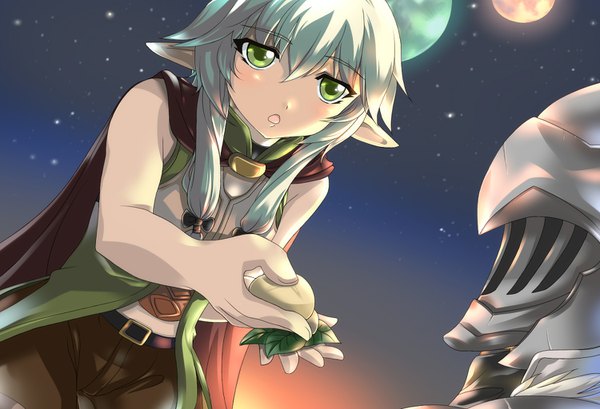 Anime picture 1500x1024 with goblin slayer! white fox high elf archer (goblin slayer!) goblin slayer okumo2 blush fringe short hair hair between eyes green eyes payot upper body parted lips green hair pointy ears night leaning leaning forward night sky shiny skin