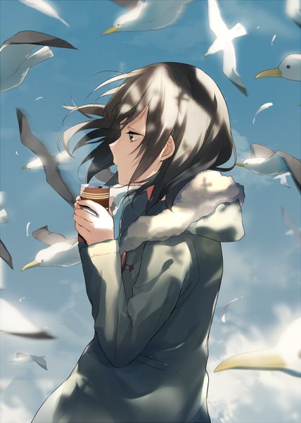 Anime picture 571x800 with original achiki tall image fringe short hair brown hair brown eyes looking away sky cloud (clouds) profile wind flying steam girl animal jacket bird (birds) fur hood