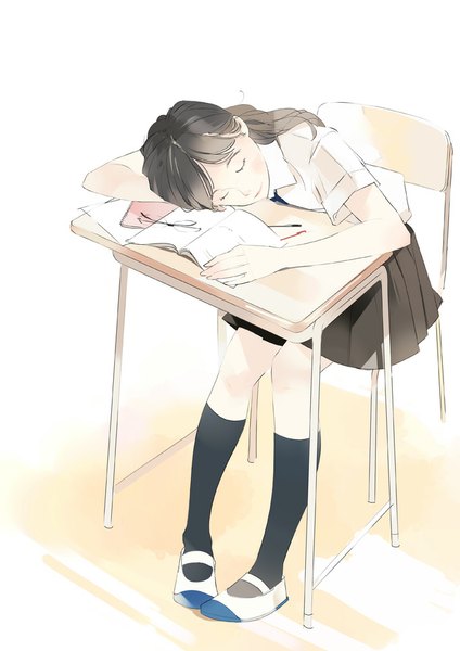 Anime picture 680x962 with original thomas (pixiv 6378) single long hair tall image blush brown hair eyes closed from above reclining sleeping girl uniform school uniform socks glasses shoes black socks chair table