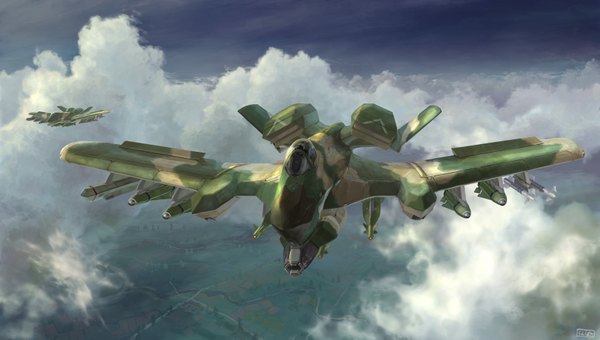 Anime picture 3425x1943 with ran pota (artist) highres wide image sky cloud (clouds) wallpaper flying landscape weapon mecha aircraft airplane jet