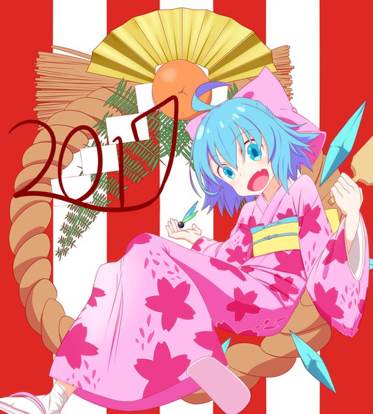 Anime picture 1800x2000 with touhou cirno shikabane homura single tall image looking at viewer fringe highres short hair open mouth blue eyes hair between eyes blue hair ahoge traditional clothes japanese clothes new year happy new year 2017 girl