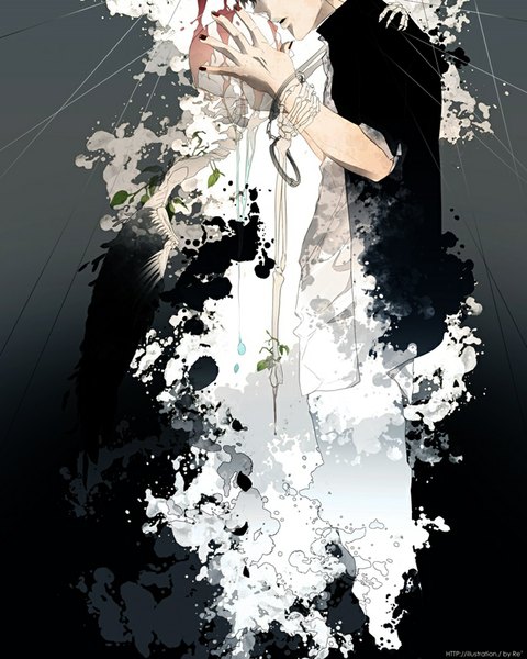 Anime picture 799x1000 with original re (artist) single tall image open mouth nail polish abstract bone (bones) skull and crossbones boy leaf (leaves) skull handcuffs