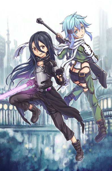 Anime picture 659x1000 with sword art online a-1 pictures kirigaya kazuto asada shino gig99 tall image looking at viewer blue eyes black hair brown eyes blue hair girl boy gloves weapon jacket shorts boots scarf fingerless gloves
