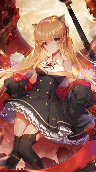 Anime picture 1200x2133 with iron saga veronica (iron saga) apple caramel single long hair tall image looking at viewer fringe blonde hair hair between eyes standing bare shoulders animal ears payot cloud (clouds) bent knee (knees) outdoors blunt bangs parted lips head tilt