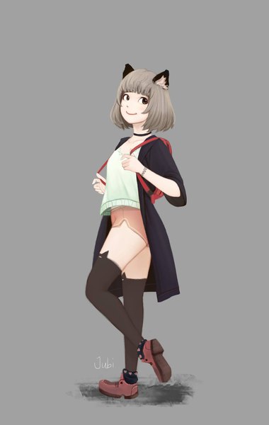 Anime picture 1299x2048 with original hana (jubi) jubi (regiana) single tall image looking at viewer fringe short hair simple background smile brown hair standing brown eyes signed animal ears full body cat ears grey background standing on one leg girl