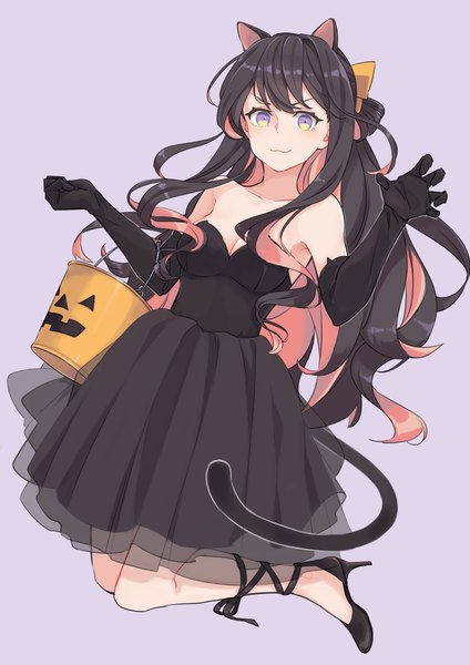 Anime picture 848x1200 with kantai collection naganami destroyer ichiroku (sakumogu-029) single long hair tall image looking at viewer fringe breasts black hair simple background animal ears cleavage full body tail animal tail multicolored hair cat ears two-tone hair cat tail