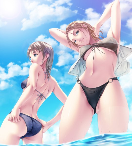 Anime picture 1086x1200 with rezi tall image blue eyes light erotic blonde hair multiple girls sky cloud (clouds) girl 2 girls swimsuit bikini water black bikini