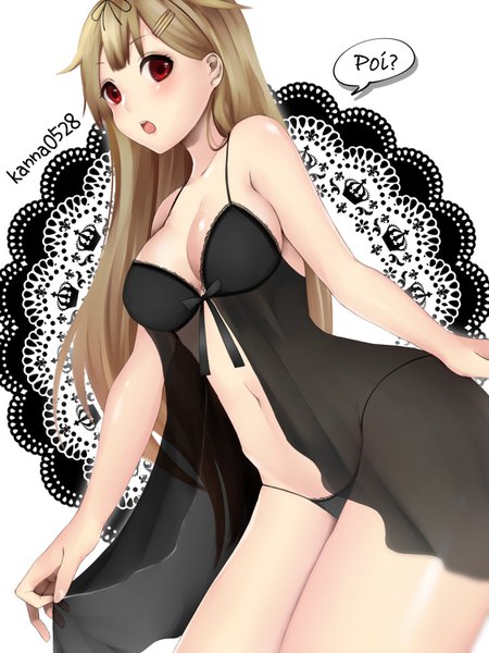 Anime picture 1125x1500 with kantai collection yuudachi destroyer sakiryo kanna single long hair tall image looking at viewer blush fringe breasts open mouth light erotic blonde hair red eyes white background bare shoulders holding signed cleavage bare legs