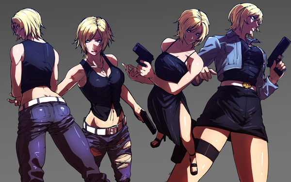 イラスト 1280x800 と parasite eve (game) aya brea 巖本英利 短い髪 開いた口 金髪 立つ 肩出し multiple girls looking away プロフィール grey background open jacket gradient background torn clothes back multiple persona 女の子 ドレス 武器