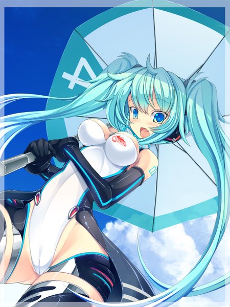 Anime picture 1200x1600 with project diva vocaloid goodsmile racing hatsune miku racing miku racing miku (2011) torisan single tall image blush breasts open mouth light erotic twintails cloud (clouds) very long hair aqua eyes aqua hair teeth fang (fangs)