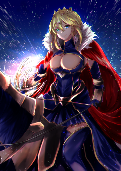 Anime picture 1228x1736 with fate (series) fate/grand order artoria pendragon (all) artoria pendragon (lancer) dun stallion otsunabe (naabe delta) single tall image looking at viewer fringe short hair breasts blue eyes light erotic blonde hair smile hair between eyes large breasts sitting holding