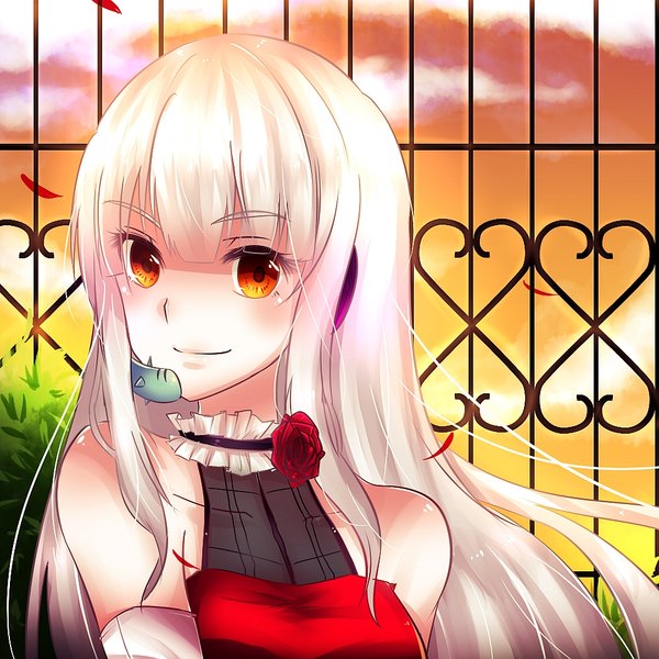 Anime picture 1000x1000 with utau silver (utau) na-miey single long hair looking at viewer blush fringe breasts smile bare shoulders payot cloud (clouds) white hair orange eyes sleeveless turning head evening sunset girl