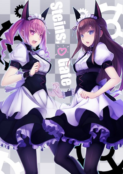 Anime picture 1000x1414 with steins;gate white fox makise kurisu faris nyannyan pen (steelleets) long hair tall image open mouth brown hair purple eyes twintails multiple girls pink hair pink eyes inscription maid holding hands drill hair checkered girl