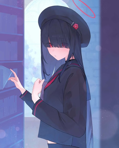 Anime picture 4898x6095 with blue archive justice committee club member (blue archive) randouworks single long hair tall image looking at viewer fringe highres black hair red eyes absurdres upper body blunt bangs hair over eyes girl uniform serafuku halo beret
