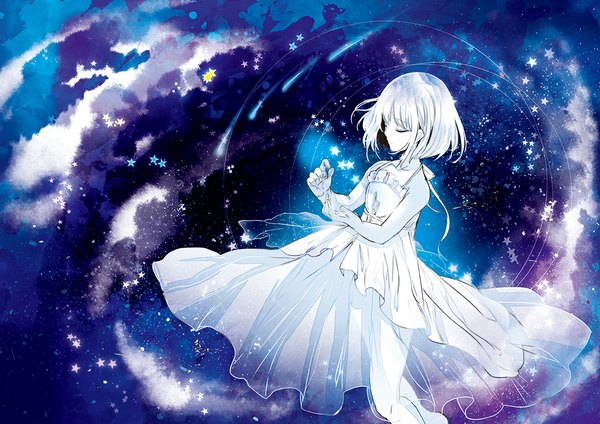Anime picture 1000x707 with original koto2 single short hair cloud (clouds) white hair eyes closed night pale skin girl dress white dress star (symbol) star (stars) sundress