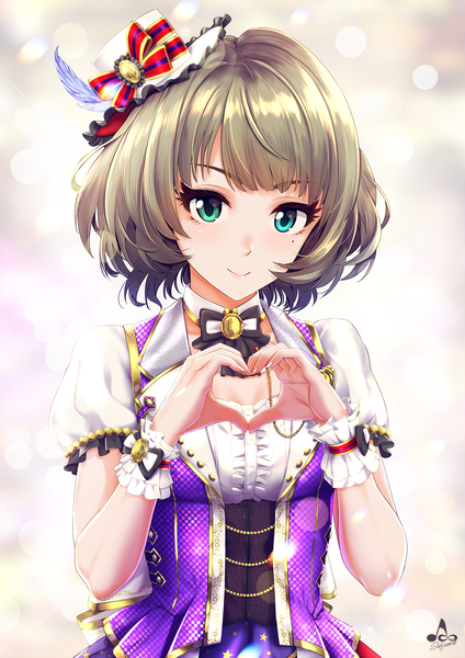 Anime picture 1200x1697 with idolmaster idolmaster cinderella girls idolmaster cinderella girls starlight stage takagaki kaede infinote single tall image looking at viewer blush fringe short hair smile brown hair green eyes signed upper body aqua eyes blurry mole short sleeves