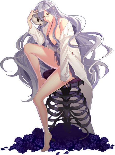 Anime picture 1770x2377 with unlight belinda ktsis single tall image highres light erotic smile sitting purple hair barefoot off shoulder open clothes bare legs open shirt legs looking down black sclera girl flower (flowers)