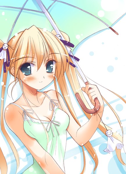 Anime picture 1654x2284 with happiness hiiragi anri single long hair tall image looking at viewer blush blonde hair twintails bare shoulders aqua eyes light smile girl ribbon (ribbons) hair ribbon umbrella sundress