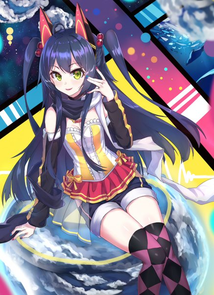 Anime picture 1124x1543 with echj single long hair tall image looking at viewer blush fringe black hair smile sitting green eyes payot cloud (clouds) bent knee (knees) long sleeves nail polish from above pointy ears night arm support
