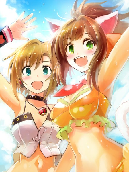 Anime picture 600x800 with idolmaster idolmaster cinderella girls maekawa miku tada riina edobox tall image blush short hair breasts open mouth blue eyes smile brown hair bare shoulders multiple girls green eyes animal ears sky cloud (clouds) ponytail