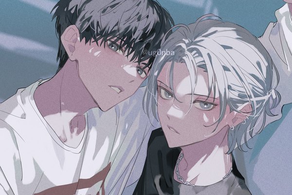 Anime picture 1350x900 with original ugonba (howatoro) looking at viewer short hair black hair signed silver hair parted lips mole multiple boys grey eyes twitter username piercing ear piercing mole under mouth shounen ai boy 2 boys