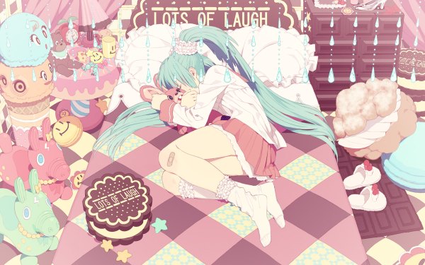 Anime picture 1200x750 with vocaloid lol -lots of laugh- (vocaloid) hatsune miku honya lala wide image bandaid on leg bandaid on knee girl star (symbol) bandaid