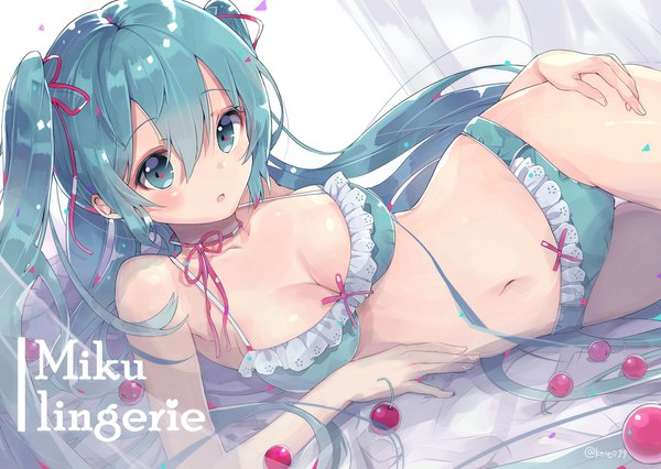 Anime picture 1900x1350 with vocaloid hatsune miku kyou hotaru single long hair looking at viewer blush fringe highres breasts open mouth light erotic hair between eyes twintails bare shoulders signed aqua eyes aqua hair bare belly character names