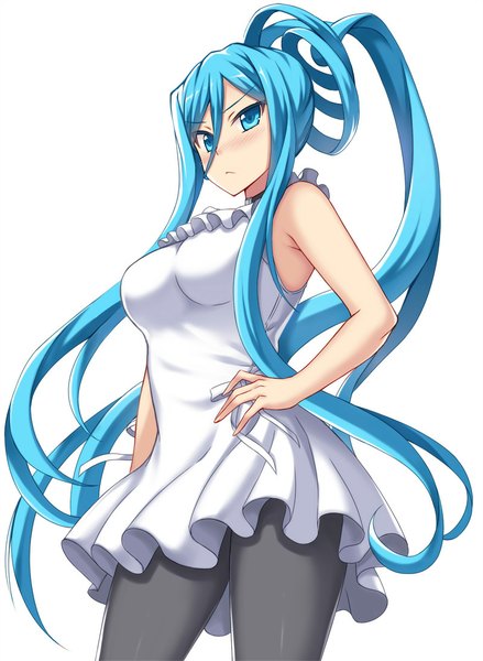 Anime picture 800x1092 with aoki hagane no arpeggio takao (aoki hagane no arpeggio) peach88 single tall image looking at viewer blush fringe breasts blue eyes simple background hair between eyes standing white background blue hair ponytail very long hair from below sleeveless hand on hip