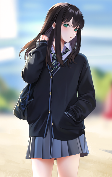 Anime picture 1014x1606 with idolmaster idolmaster cinderella girls shibuya rin ompf single long hair tall image looking at viewer blush fringe black hair standing green eyes outdoors long sleeves pleated skirt arm up blurry depth of field sleeves past wrists