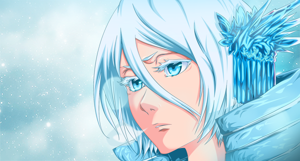 Anime picture 2014x1087 with bleach studio pierrot kuchiki rukia mansour-s single highres short hair blue eyes wide image white hair coloring snowing close-up snow exhalation girl ice