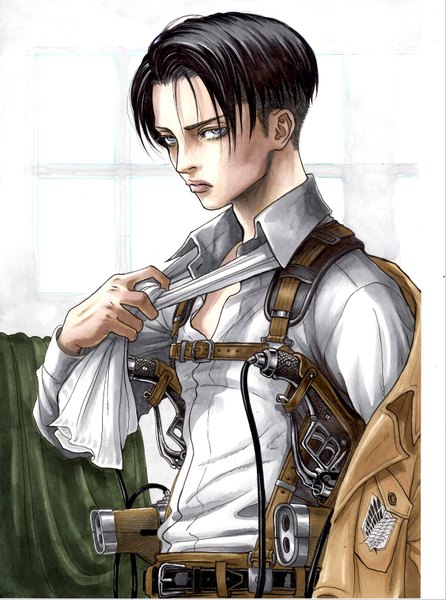 Anime picture 2603x3503 with shingeki no kyojin production i.g levi (rivaille) marlboro (artist) single tall image looking at viewer highres short hair blue eyes black hair white background partially open clothes boy weapon jacket neckerchief