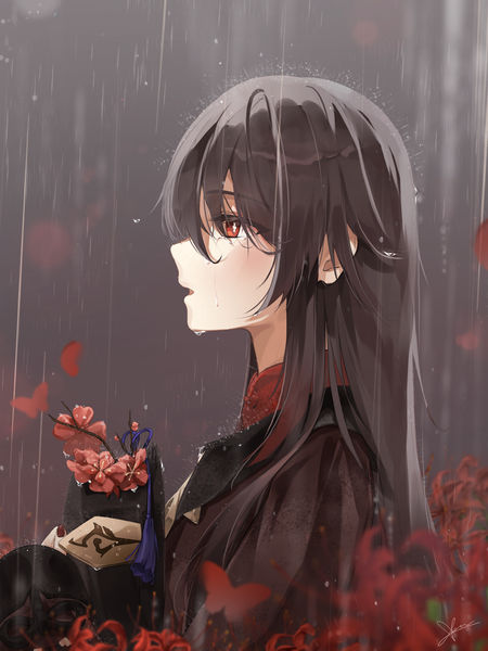 Anime picture 1500x2000 with genshin impact hu tao (genshin impact) se2ra single long hair tall image blush fringe open mouth red eyes brown hair holding signed payot looking away upper body outdoors profile symbol-shaped pupils rain