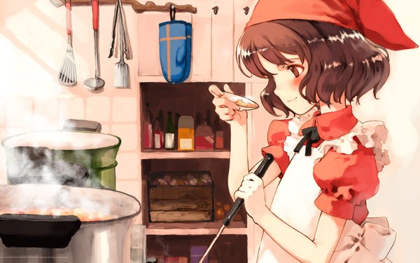 Anime picture 1920x1200 with quartett! littlewitch lina junhers oyari ashito single blush highres brown hair wide image brown eyes looking away upper body profile steam cooking girl apron kitchen headscarf frying pan